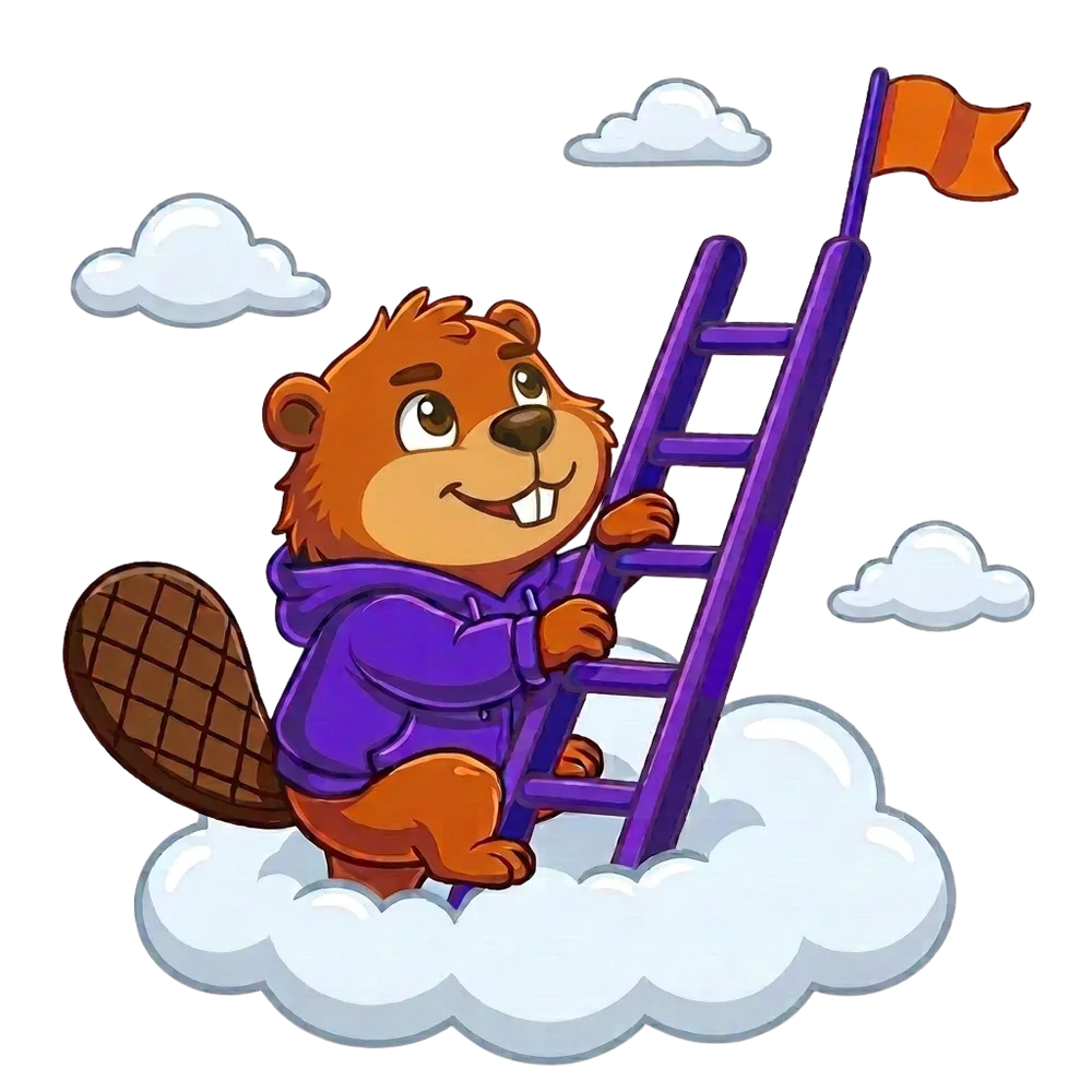 Illustratie van een bever die een ladder beklimt richting een ster